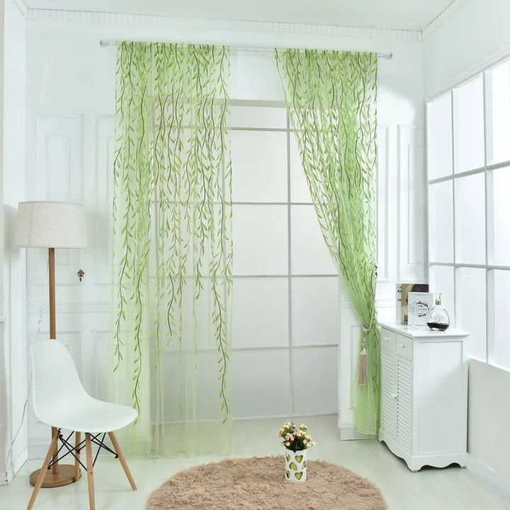 Green Purple Willow Sheer Curtains – Decorative Tulle for Living Room, Kitchen, and Bedroom