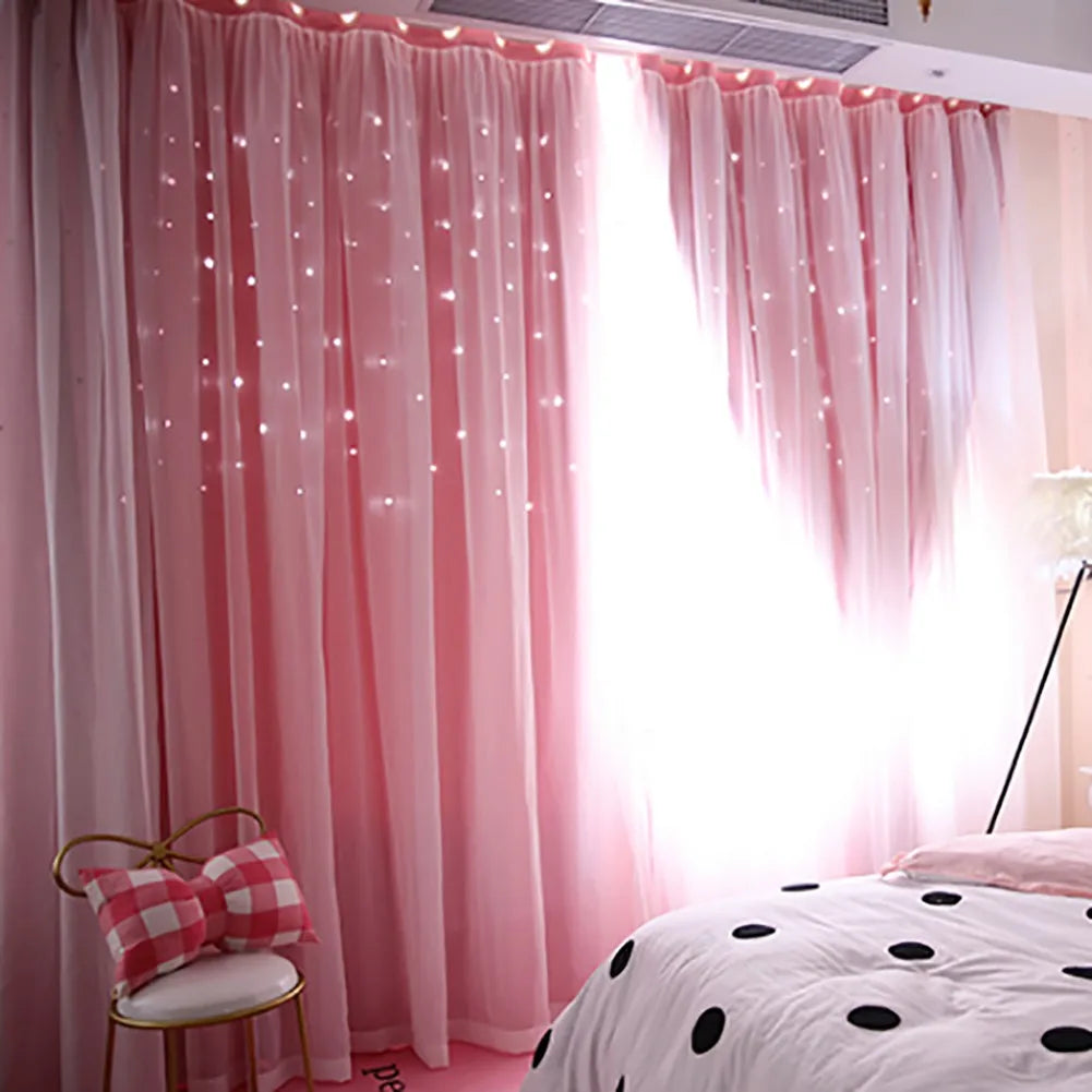 Bright Double Layer Blackout Star Hollow Curtains with Lace Tulle – Elegant Window Decor for Living Room & Bedroom