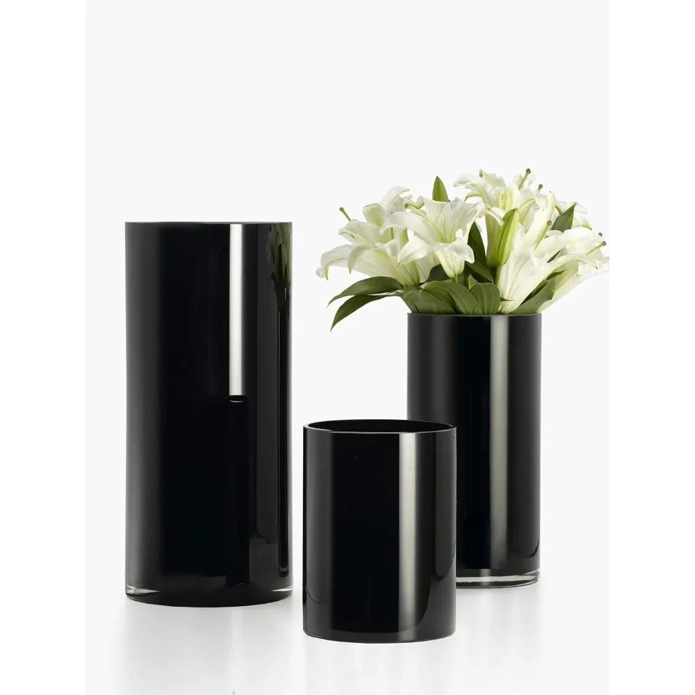 Modern Black Glass Cylinder Vase, Set of 3 – Small, Medium, and Large for Home Décor and Weddings