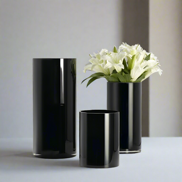 Modern Black Glass Cylinder Vase, Set of 3 – Small, Medium, and Large for Home Décor and Weddings