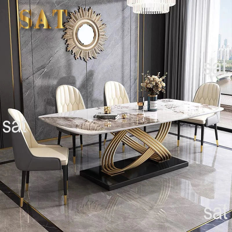 Modern Luxury Marble Stone Dining Table Set with Leather Chairs – 4, 6, or 8 Seater