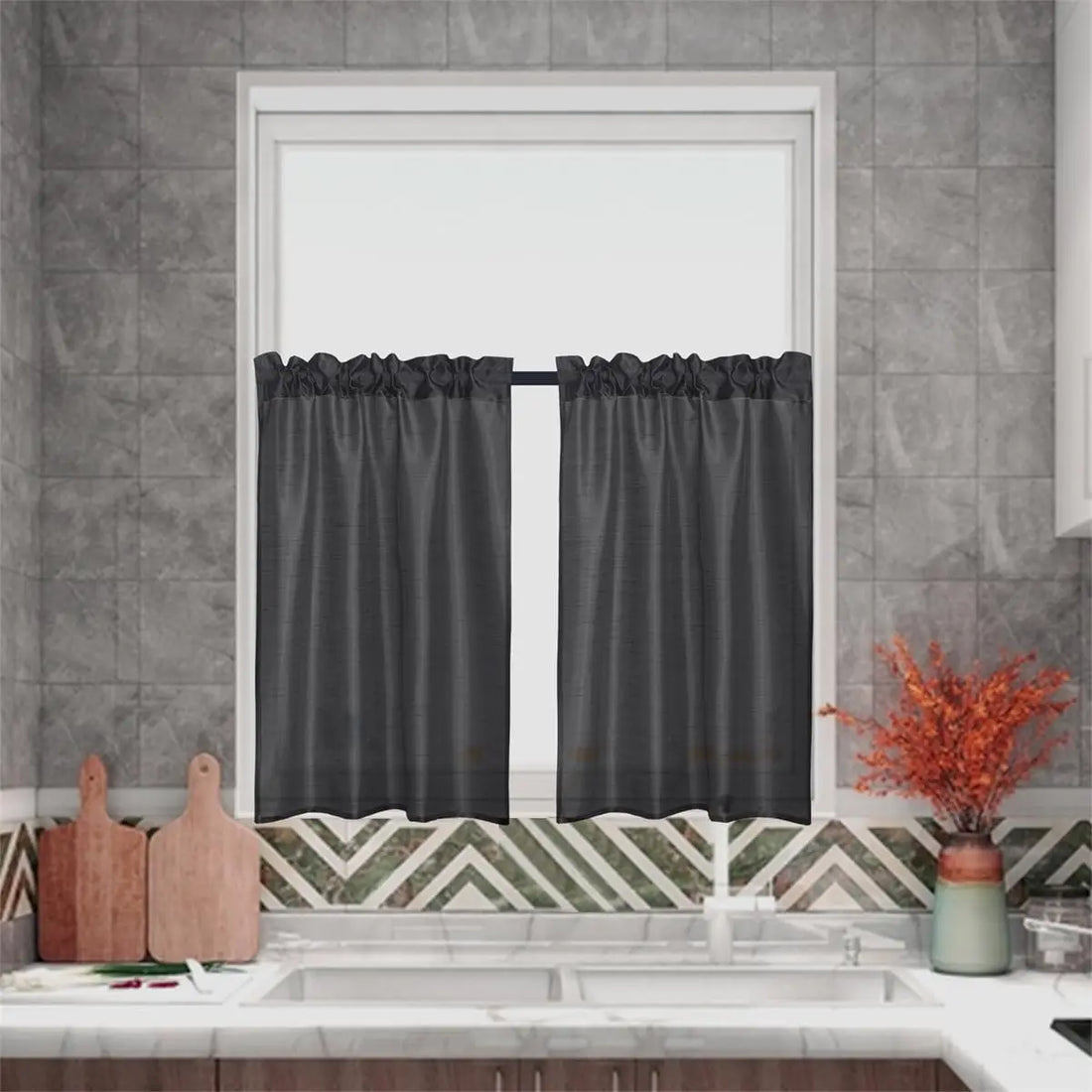 3 Panels Gold Faux Silk Sheer Curtains – 2 Tiers and 1 Valance for Kitchen or Bathroom