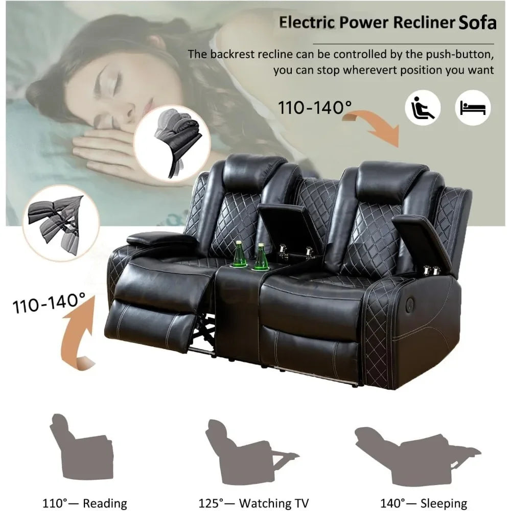 Leather Recliner Sofa Set with LED Lights