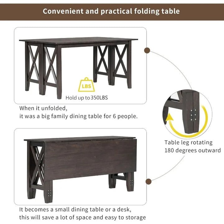 6-Piece Rustic Farmhouse Dining Table Set – Foldable Table with 4 Upholstered Chairs & Bench