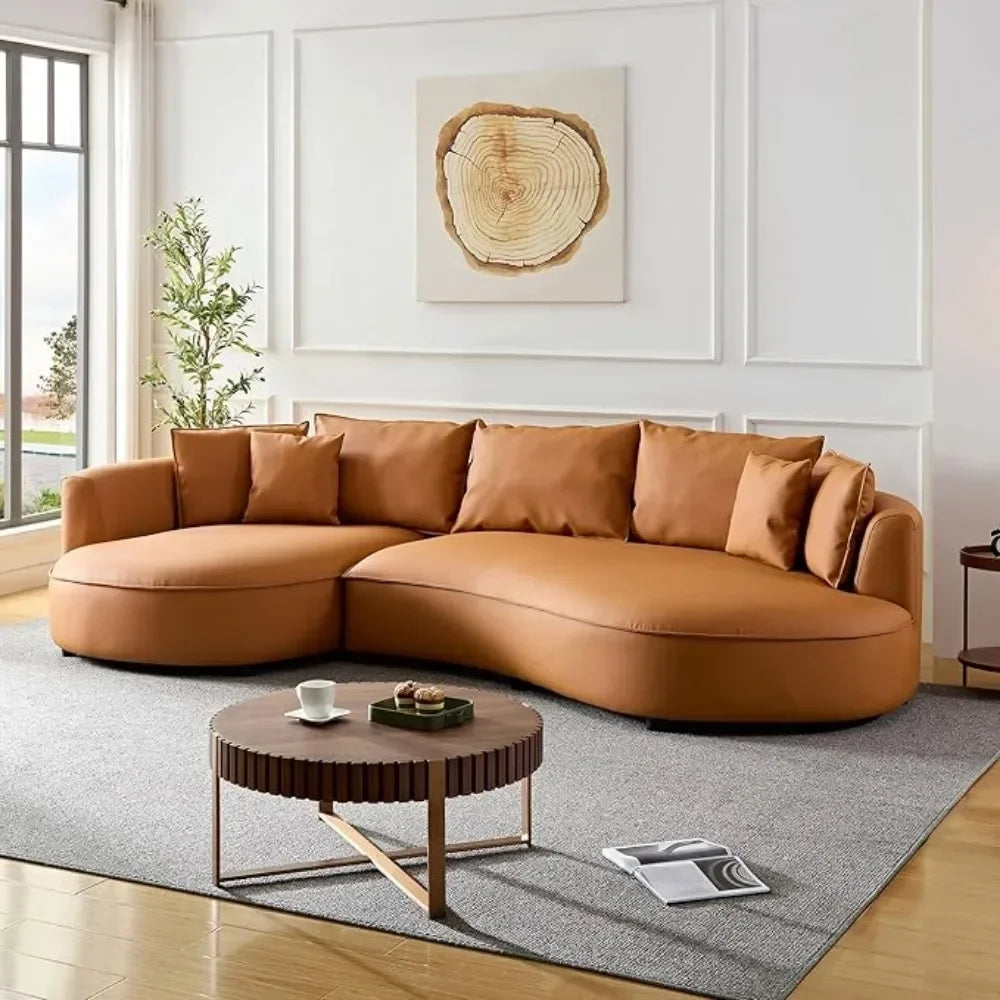 Curved Sofa Cloud Couch for Living Room – Orange Upholstered 4-Seat Eco-Leather Sofa