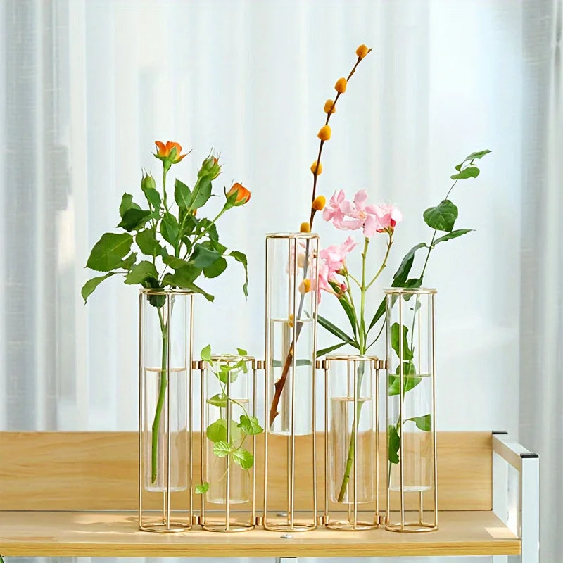 Gold Test Tube Vase with 5 Glass Tubes – Elegant Metal Stand Centerpiece for Weddings & Home Décor