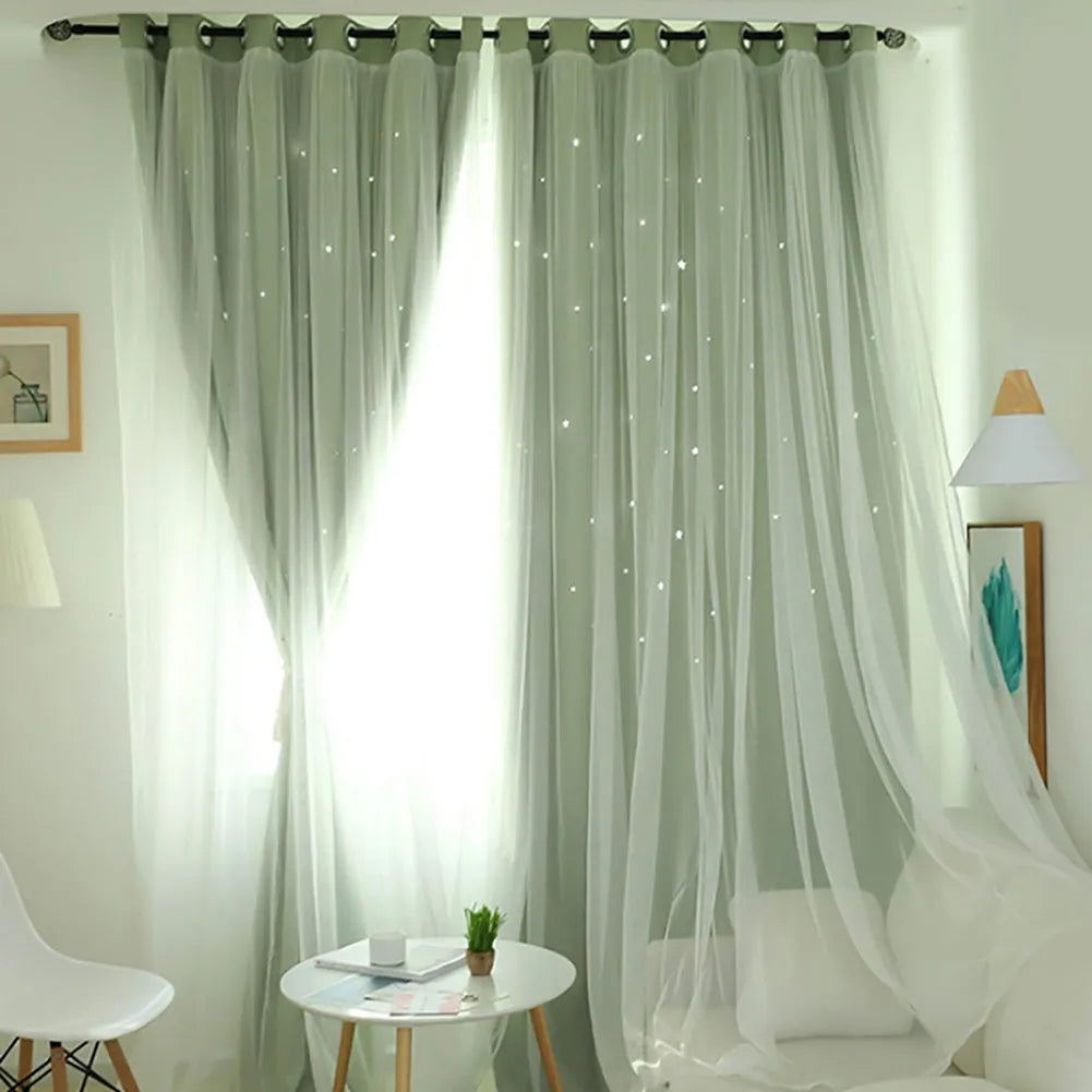 Bright Double Layer Blackout Star Hollow Curtains with Lace Tulle – Elegant Window Decor for Living Room & Bedroom