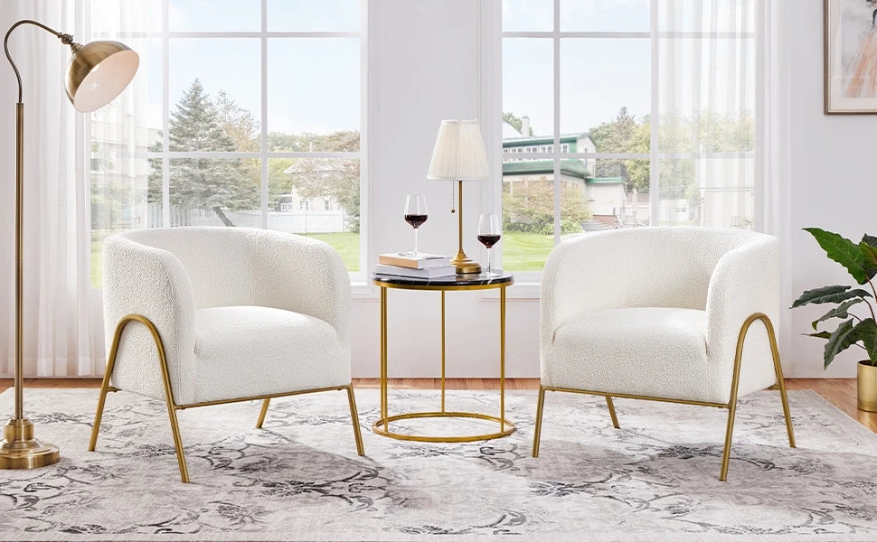 Accent Chair Set of 2 – Boucle Fabric Vanity Chairs with Gold Legs for Living Room and Bedroom