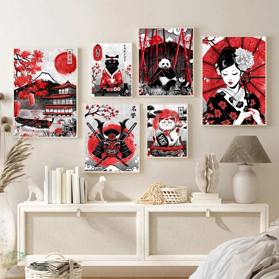 Japan Samurai Geisha Panda Koi Fish Yin Yang Canvas Wall Art – Modern Decorative Home Decor