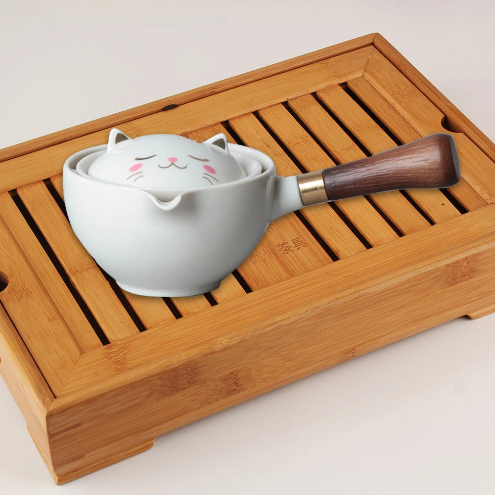 Portable Chinese Gongfu Kung Fu Tea Set – 360° Rotating Ceramic Teapot with Wooden Handle & Infuser