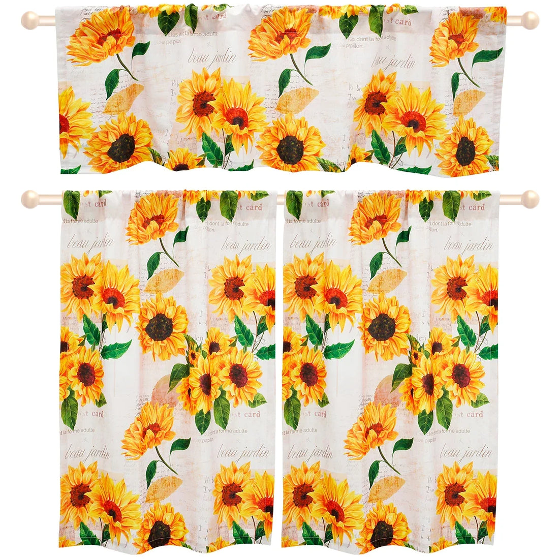 3Pcs Sunflower Valance and Tier Curtains – Light Filtering Kitchen Curtain Set with Wide Rod Pocket