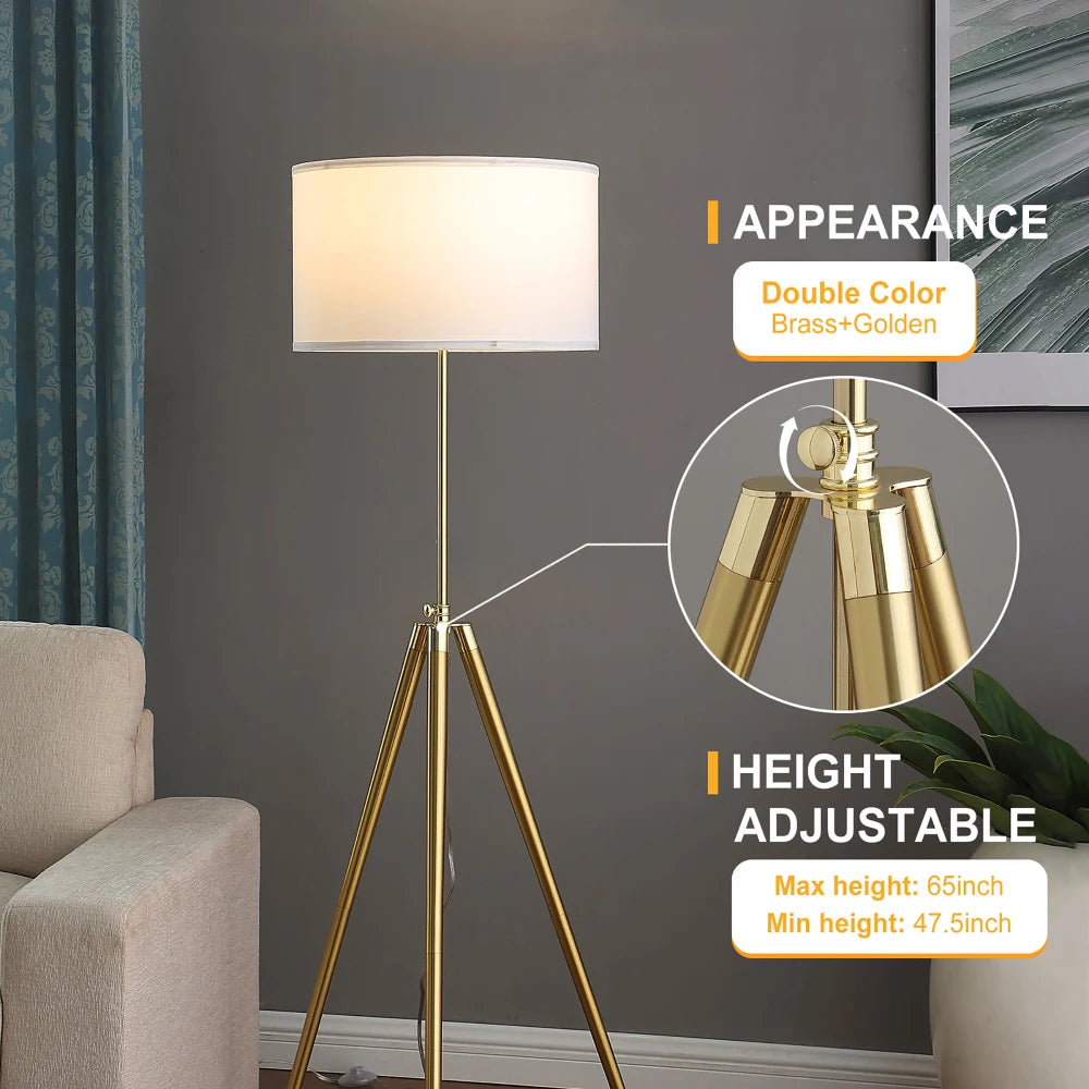 64" - 47"H Adjustable Height Brass/Shiny Gold Modern Tripod Floor Lamp for Living Room, Standing Lamp for Bedroom