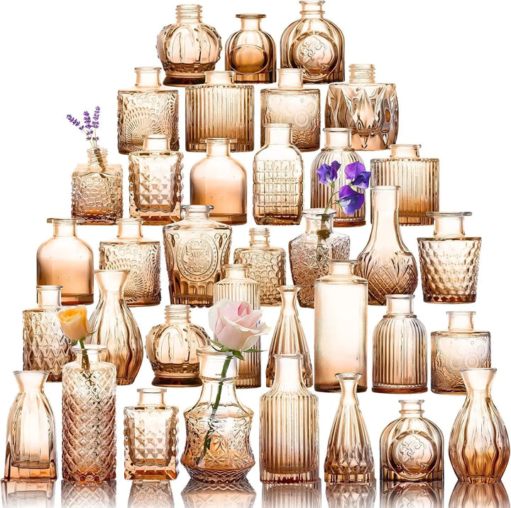 36-Piece Amber Glass Bud Vase Set – Rustic Flower Vases for Weddings and Home Décor