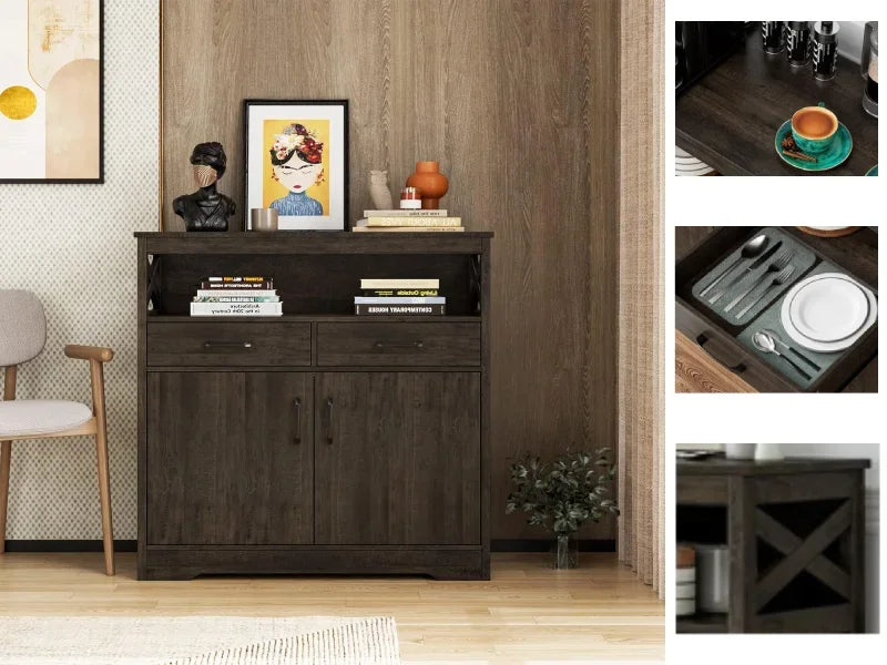 Modern farmhouse sideboard with cabinets, drawers, and open shelves.