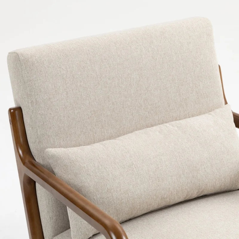 Wood Arm Accent Chair – Modern Style Beige Armchair with Removable Pillow