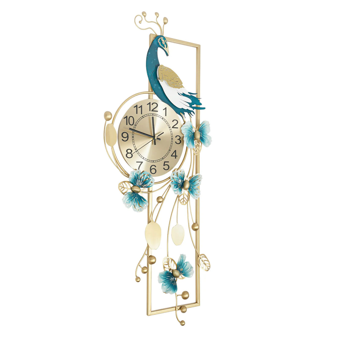 Large Peacock Wall Clock – Gold and Blue Decorative Silent Quartz Wall Clock for Living Room