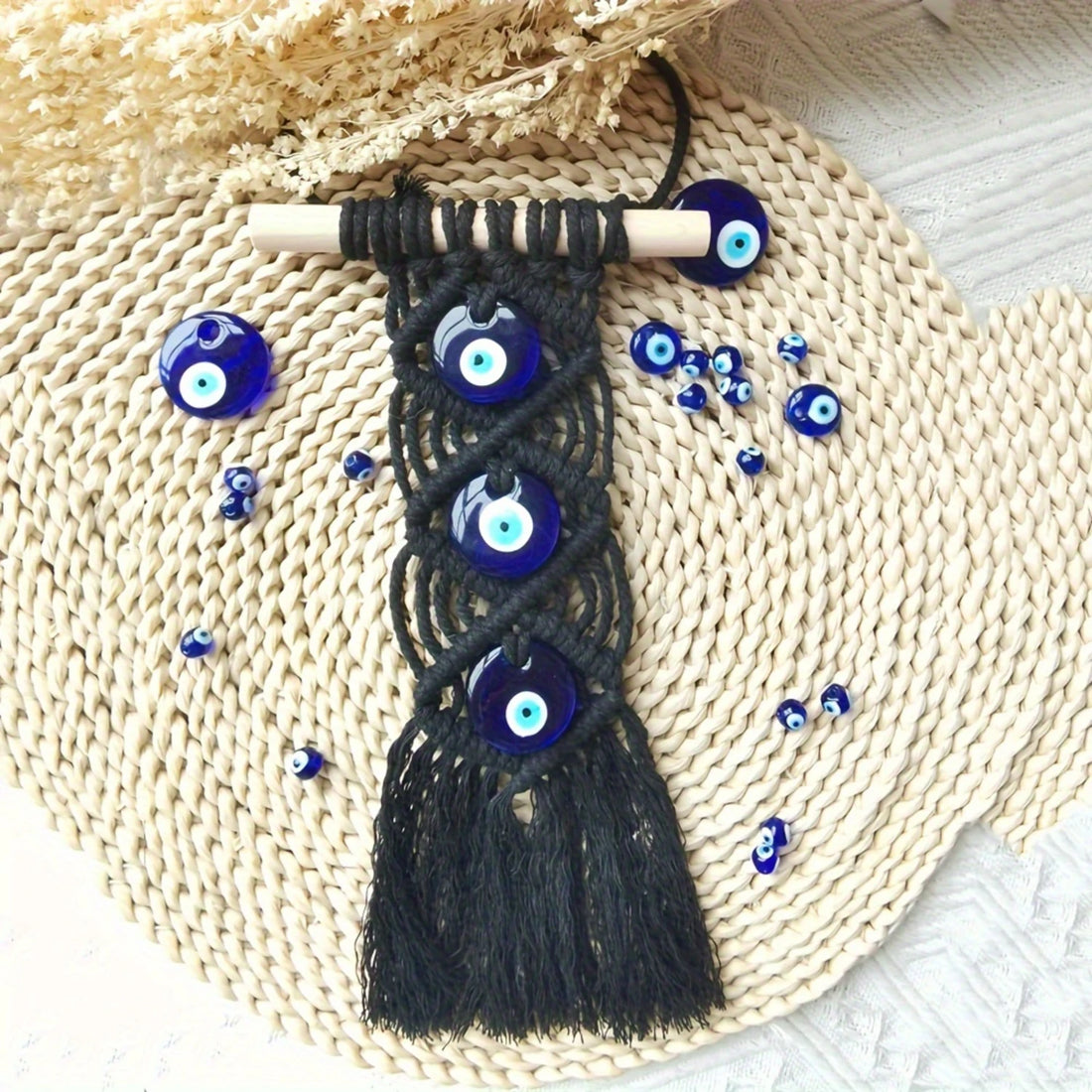 Bohemian Blue Evil Eye Handmade Cotton Tapestry - Turkish Glass Beaded Wall Hanging