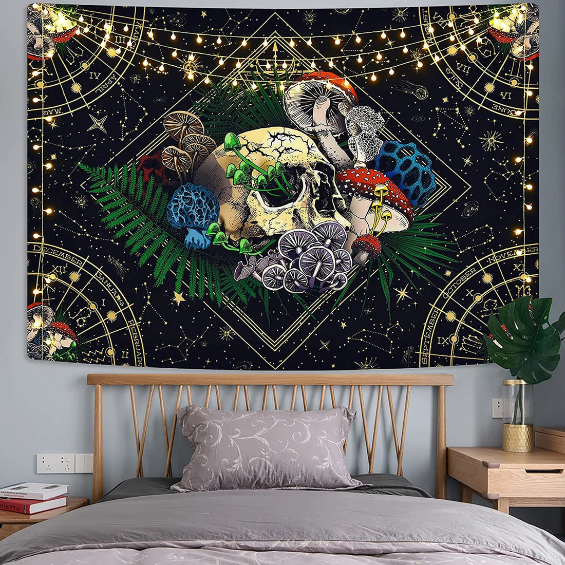 Large Skull Tapestry with Colorful Mushroom Design – Starry Aesthetic Wall Hanging