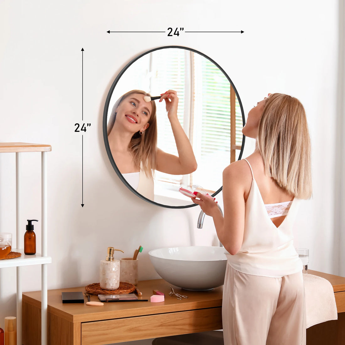 JHK Large Gold Round Vanity Wall Mirror – 30 Inch Matte Metal Framed Modern Mirror for Bedroom & Living Room