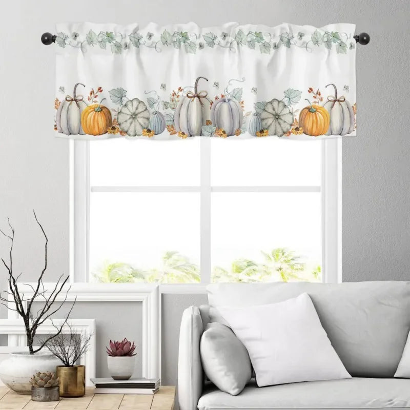 Thanksgiving Autumn Pumpkin Maple Leaf Short Curtains – Farmhouse Curtains for Kitchen, Cabinet, and Window