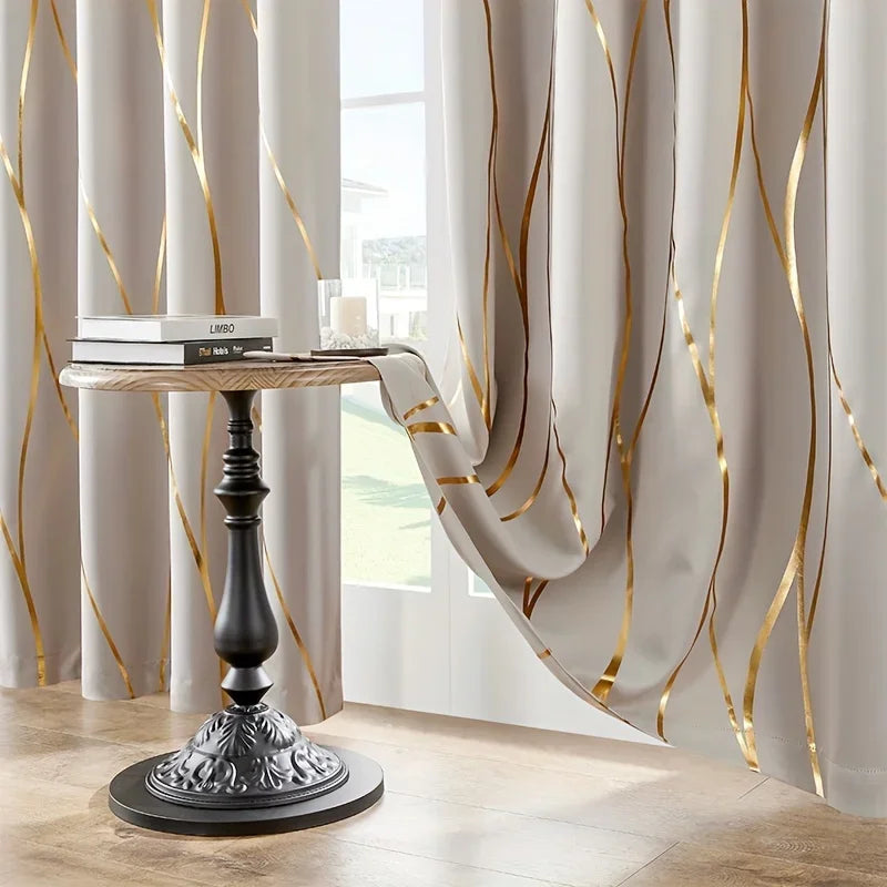 2Pcs Golden Wave & Circle Blackout Curtains – Thermal Insulated Light Filtering Drapes