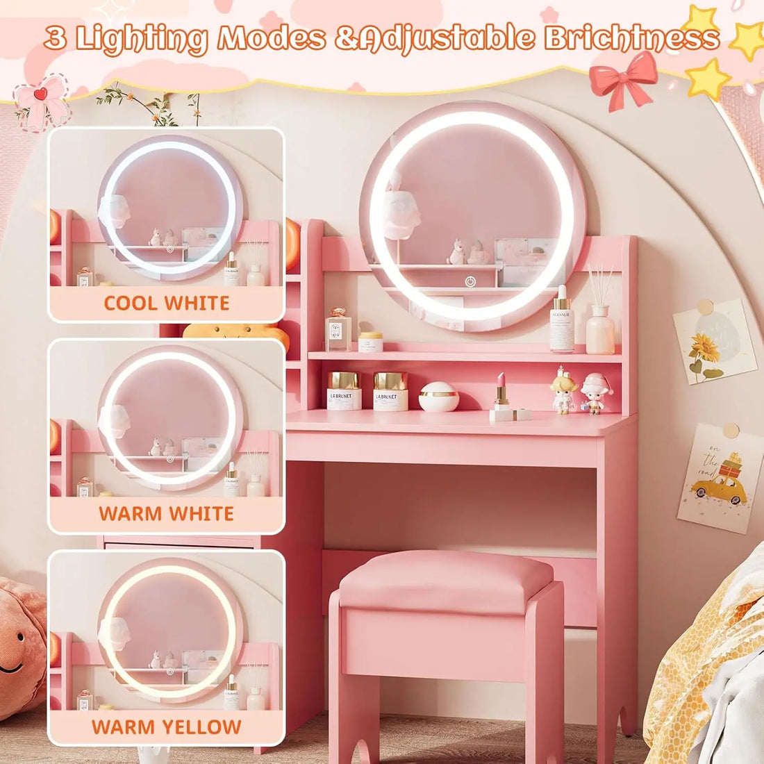 Vabches Kids Vanity Desk with Lights – Pink Makeup Vanity Table with Mirror, Storage Cabinet, Shelves & Chair for Girls