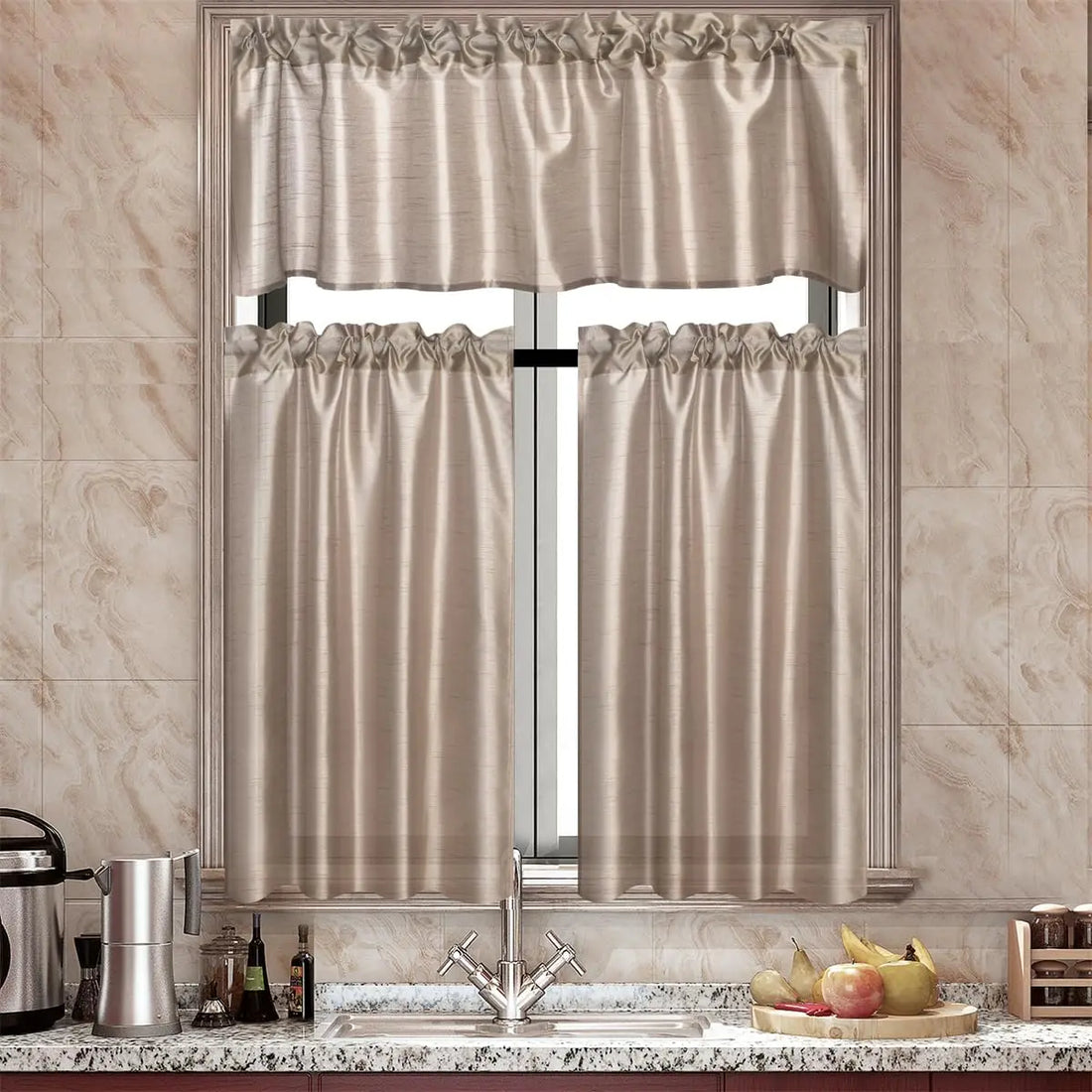 3 Panels Gold Faux Silk Sheer Curtains – 2 Tiers and 1 Valance for Kitchen or Bathroom