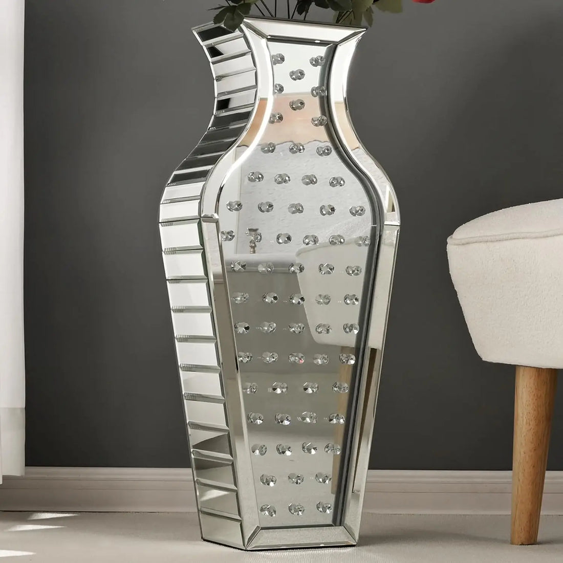 SHYFOY Tall Mirrored Silver Floor Vase – 28" Crystal Decorative Vase for Luxury Home Decor