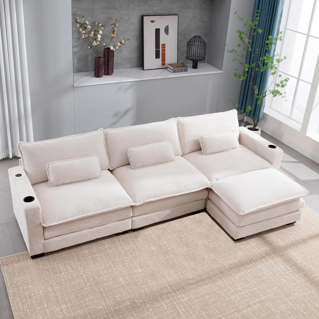 L Shaped Sectional Sofa 117.7" with Cup Holders & USB Ports