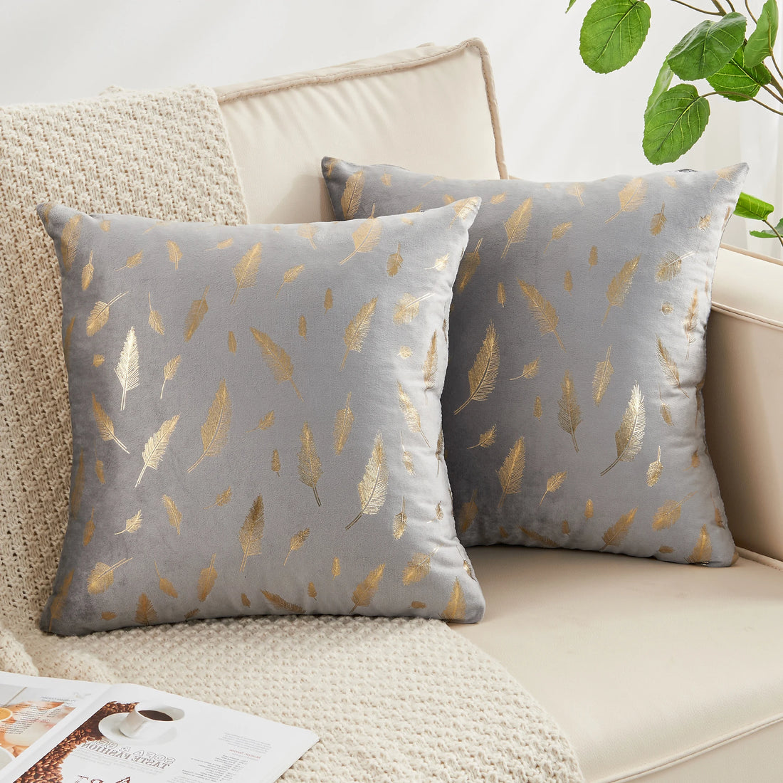 Pack of 2 Decorative Velvet Throw Pillow Covers – Gold Leaf Feather Design for Couch, Bed, Sofa