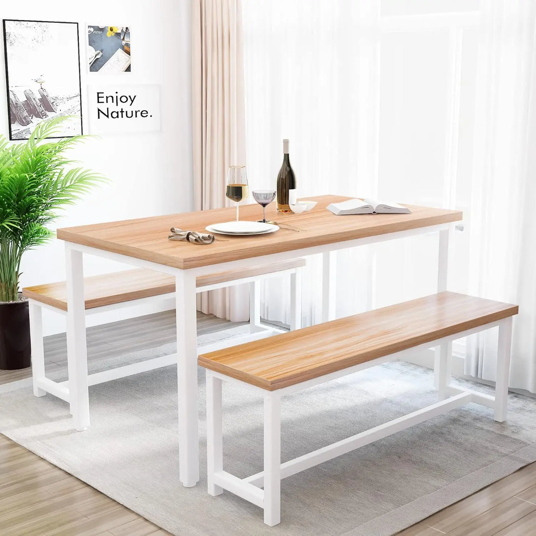 3-Piece Dining Table Set with Benches – Modern Farmhouse Kitchen & Dining Room Set