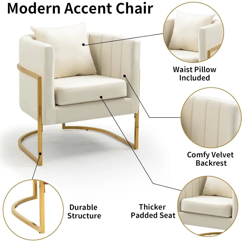 Velvet Accent Chairs Set of 2 – Mid Century Modern Barrel Armchairs with Pillow for Living Room