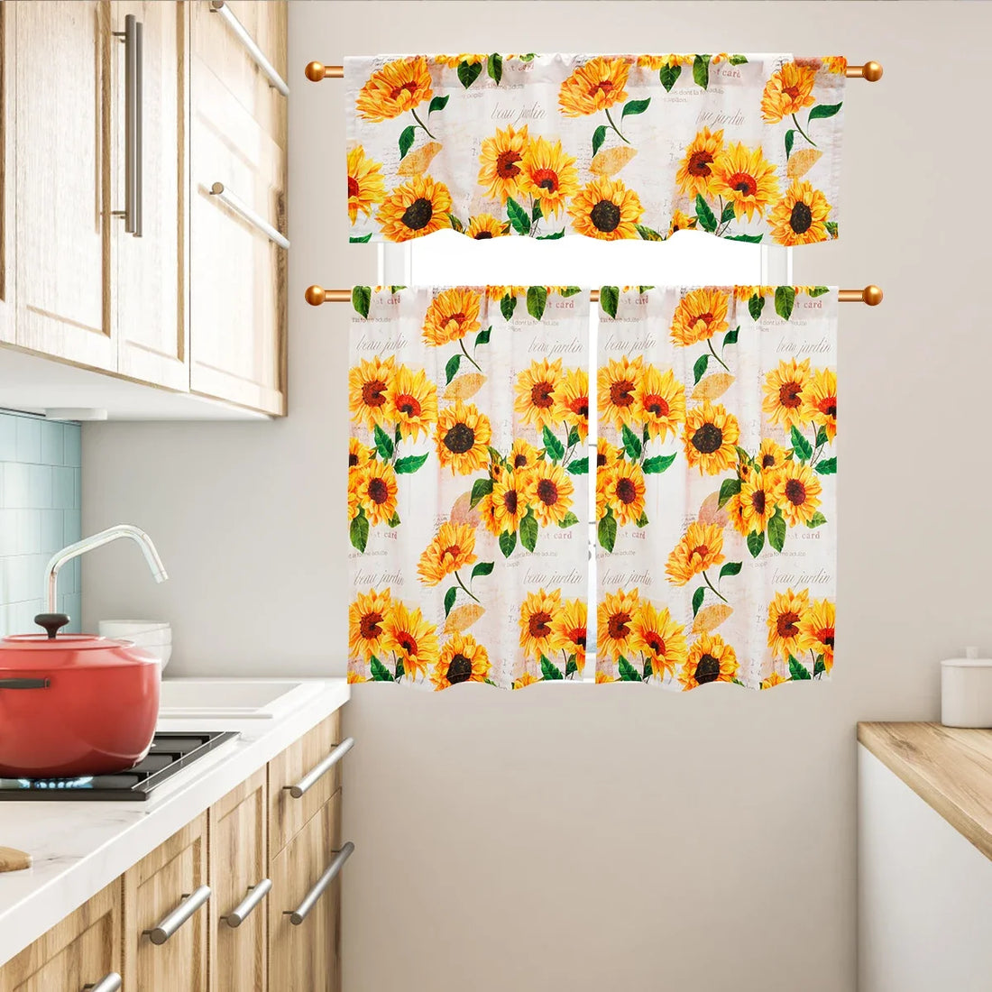 3Pcs Sunflower Valance and Tier Curtains – Light Filtering Kitchen Curtain Set with Wide Rod Pocket