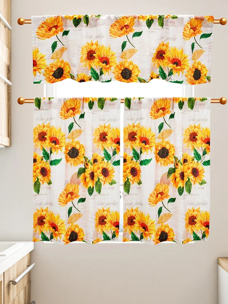 3Pcs Sunflower Valance and Tier Curtains – Light Filtering Kitchen Curtain Set with Wide Rod Pocket