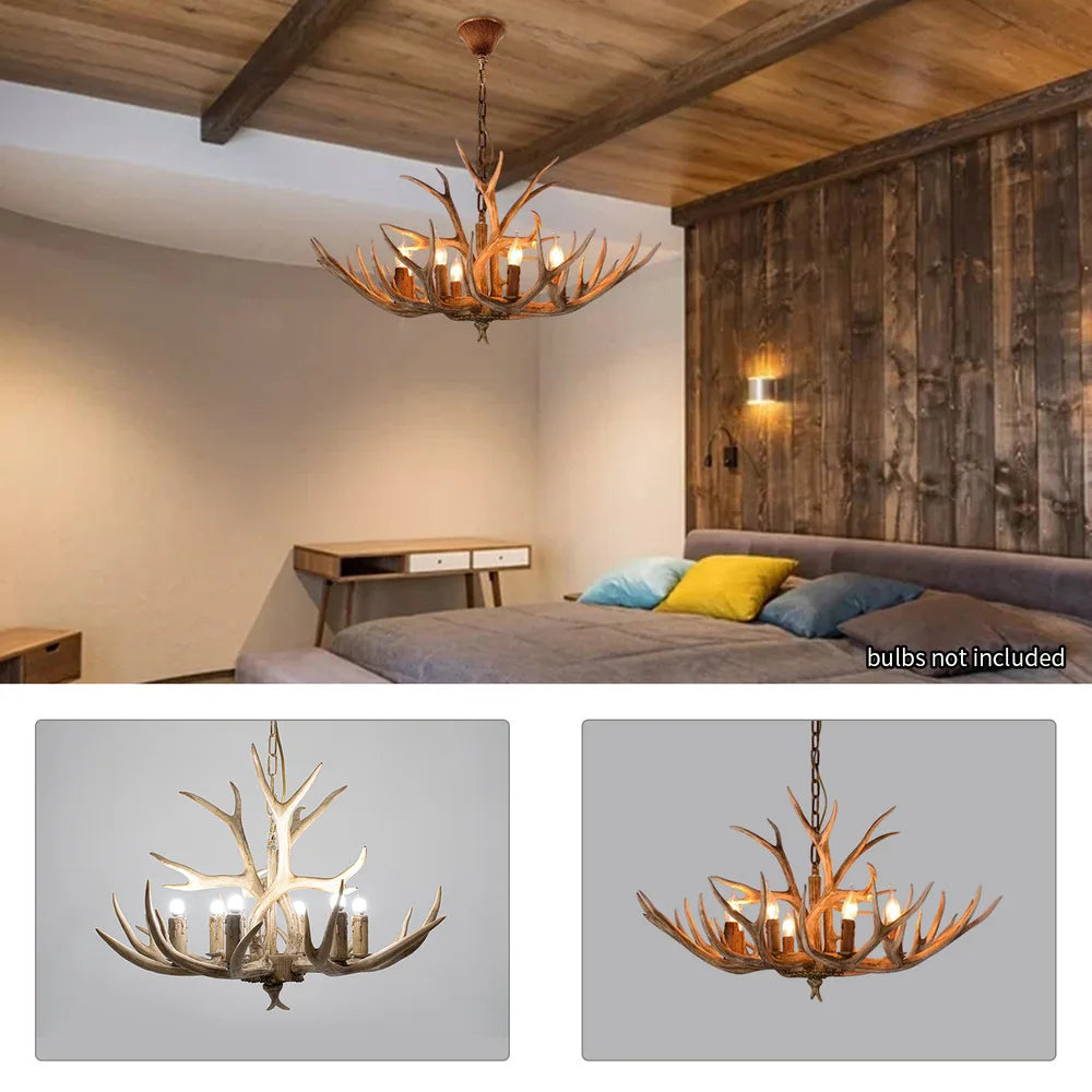 Bymaocar 6-Heads Deer Antler Chandelier – Resin Vintage Pendant Lighting for Home Decor