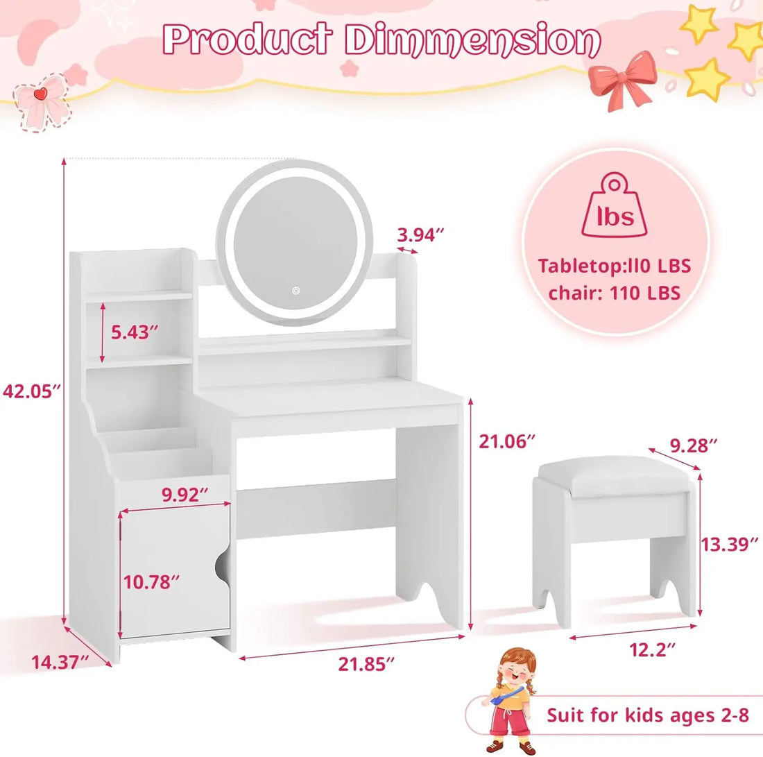 Vabches Kids Vanity Desk with Lights – Pink Makeup Vanity Table with Mirror, Storage Cabinet, Shelves & Chair for Girls