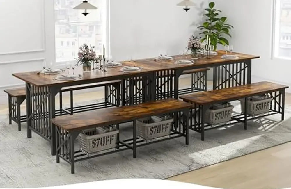 Industrial 3-Piece Dining Table Set with Dual Storage – Seats 4-8 People