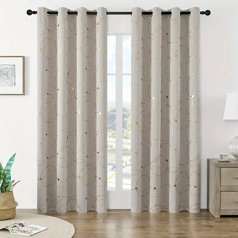 2Pcs Golden Wave & Circle Blackout Curtains – Thermal Insulated Light Filtering Drapes