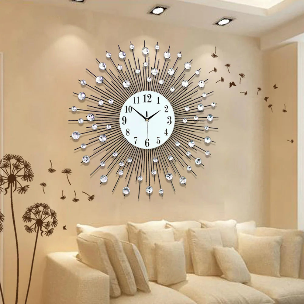 Modern Luxury Large Art Round Diamond Wall Clock – Elegant Living Room Decor