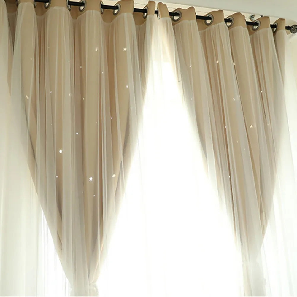 Bright Double Layer Blackout Star Hollow Curtains with Lace Tulle – Elegant Window Decor for Living Room & Bedroom