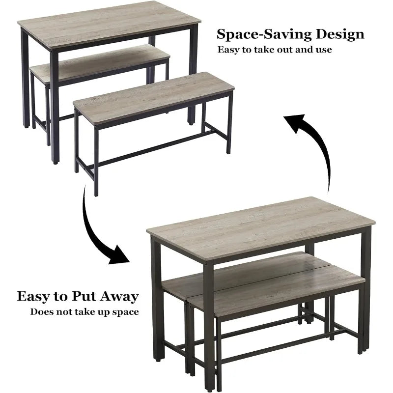 2025 Grey Dining Table Set for 4 – 3-Piece Kitchen Table with 2 Benches