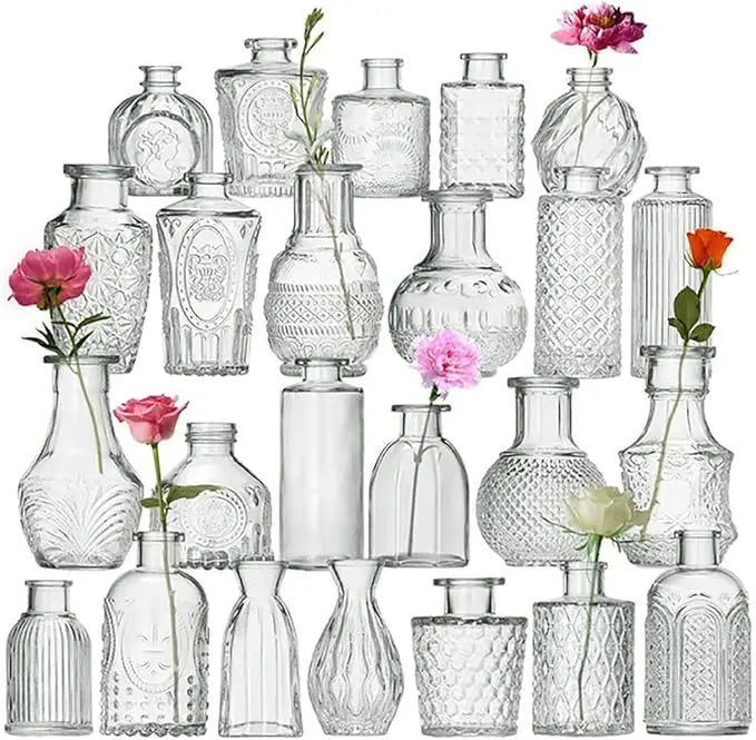 24-Piece Glass Bud Flower Vase Set – Timeless Elegance for Weddings and Home Décor