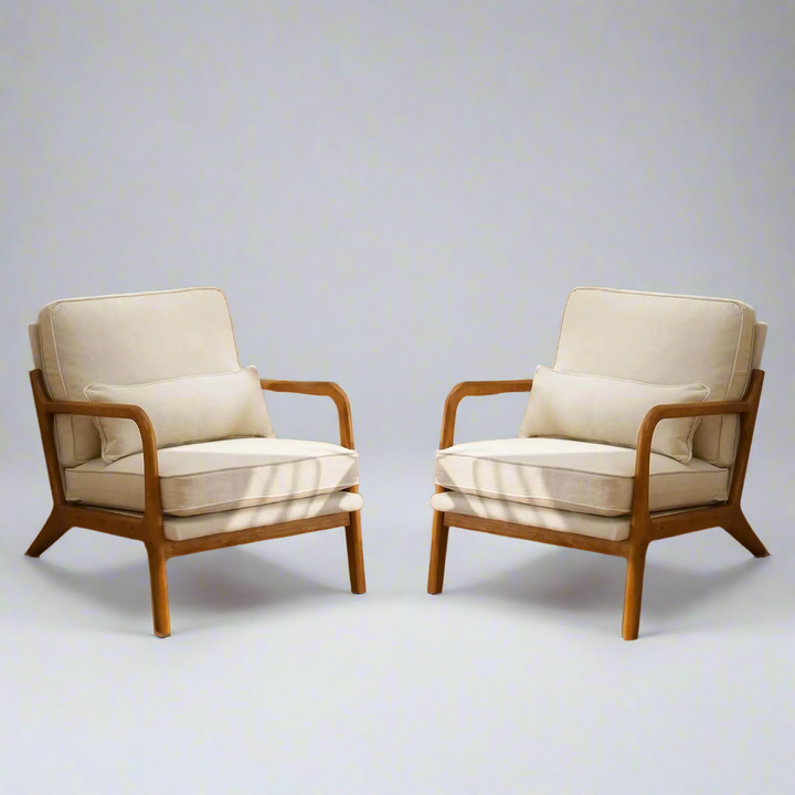 Beige Accent Chairs Set of 2 – Upholstered Mid-Century Modern Lounge Chairs with Solid Wood Frame