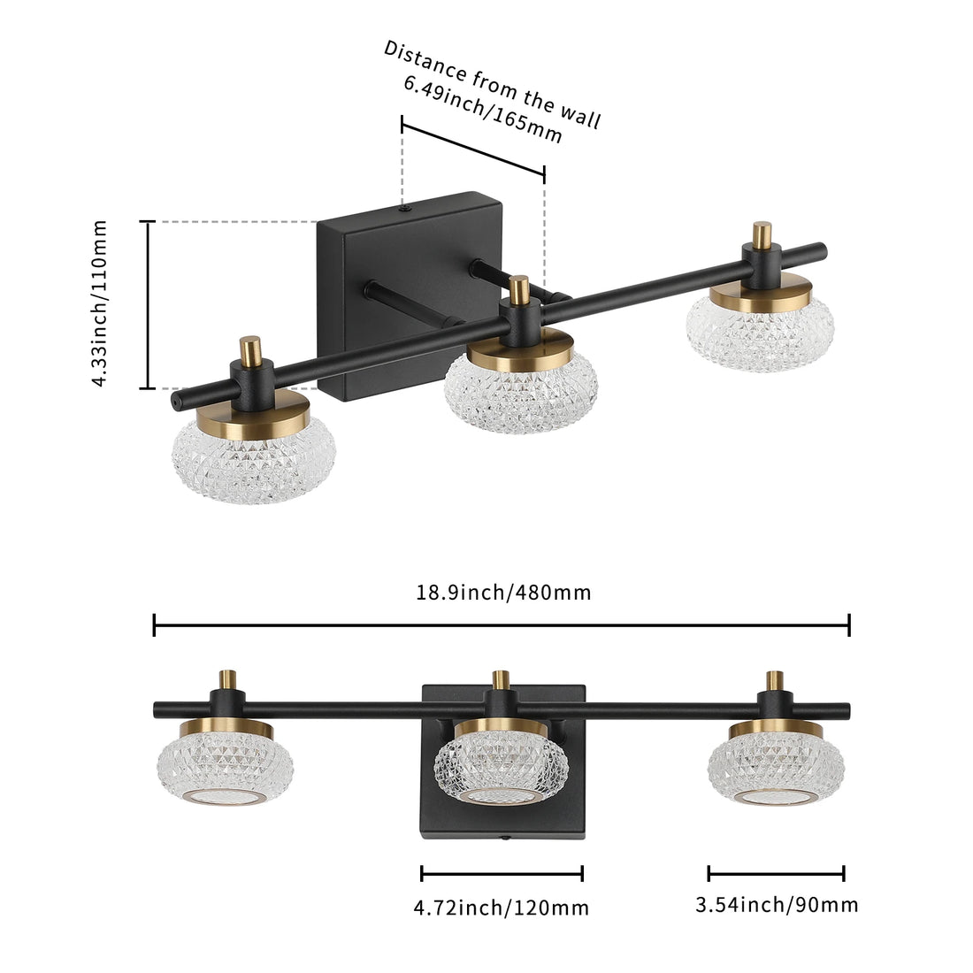 19-Inch Black and Gold LED Dimmable Vanity Light - Modern Bathroom Wall Light Fixture with Clear Acrylic Shade