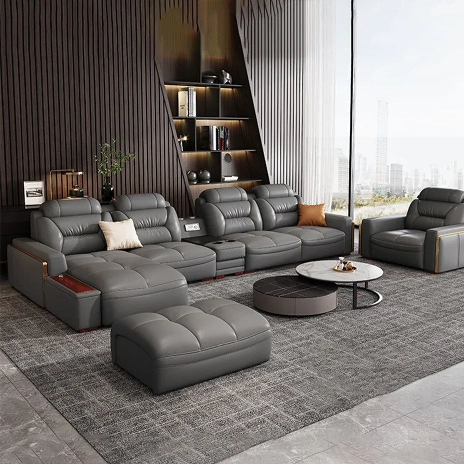 Premium Italian Genuine Leather Sectional Sofa Sets with USB & Bluetooth Speaker - MANBAS Living Room Furniture