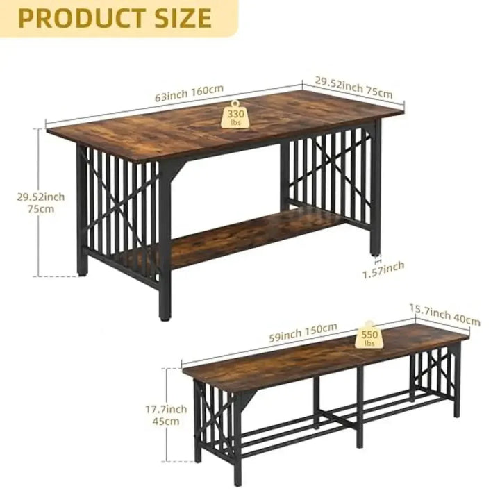 Industrial 3-Piece Dining Table Set with Dual Storage – Seats 4-8 People