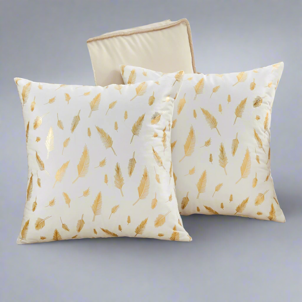 Pack of 2 Decorative Velvet Throw Pillow Covers – Gold Leaf Feather Design for Couch, Bed, Sofa