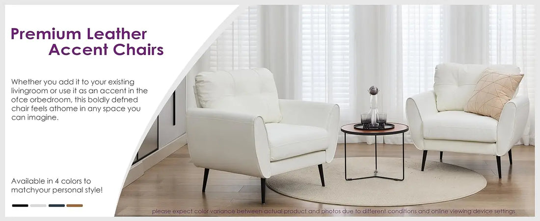 Accent Chairs Set of 2 – White Faux Leather Modern Living Room Chairs