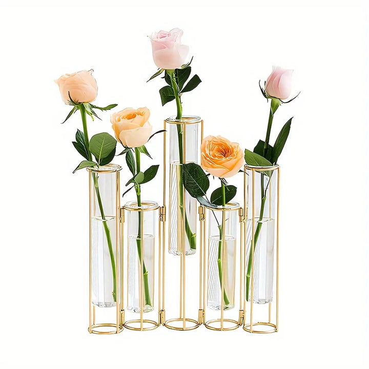 Gold Test Tube Vase with 5 Glass Tubes – Elegant Metal Stand Centerpiece for Weddings & Home Décor