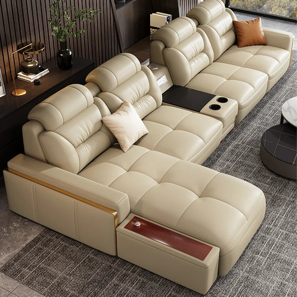 Premium Italian Genuine Leather Sectional Sofa Sets with USB & Bluetooth Speaker - MANBAS Living Room Furniture